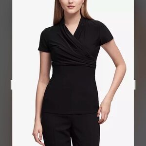 DKNY Petite Draped Surplice Blouse in Black Size PS